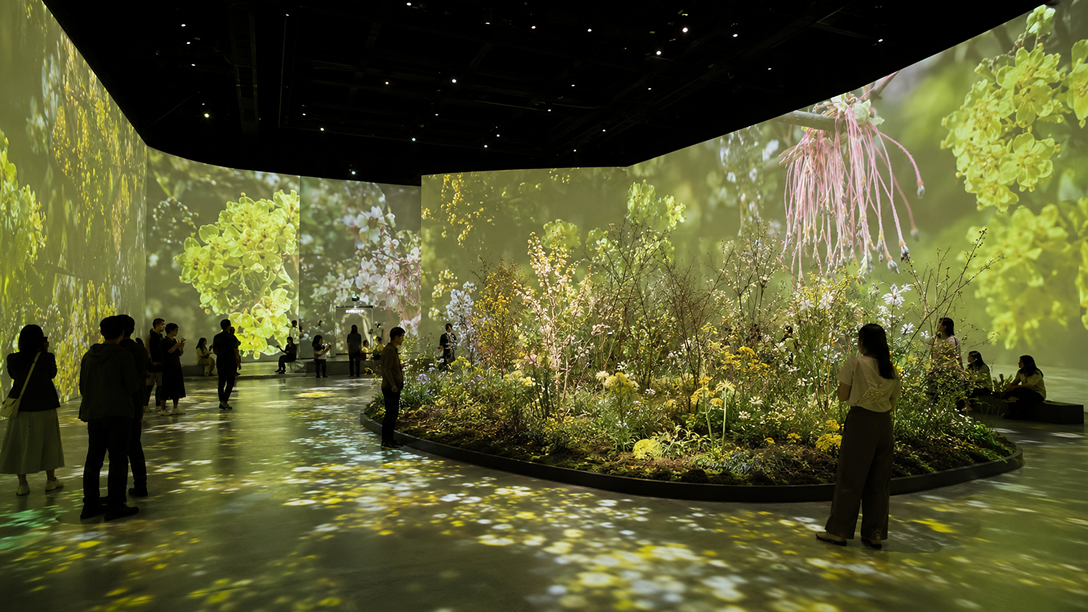 Immersive spring exhibition room with visitors and projections.